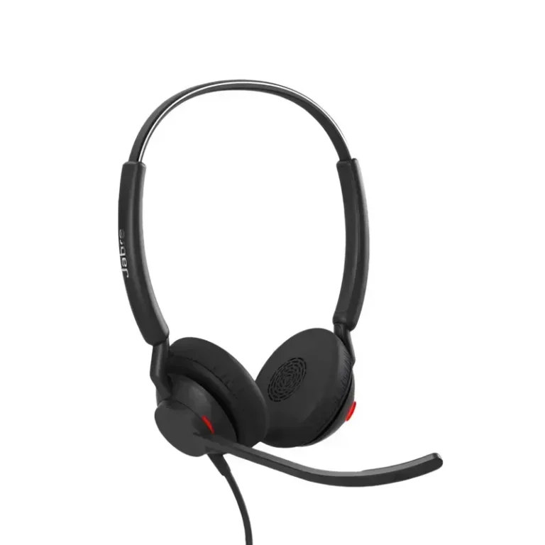 Jabra Engage 40 UC stereo headset, with front angled profile of dual leatherette earpads, curved boom mic, and headband.