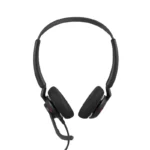 Jabra Engage 50 II MS stereo headset, with dual ear cushions, extended boom mic, red busy light, and padded headband.