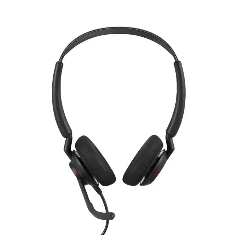 Jabra Engage 50 II MS stereo headset, with dual ear cushions, extended boom mic, red busy light, and padded headband.