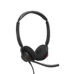 Jabra Engage 50 II MS stereo headset, with dual ear cushions, extended boom mic, red busy light, and padded headband.