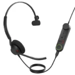 Jabra Engage 50 II USB-C UC mono headset, with single ear cushion, boom microphone, and inline link control unit.