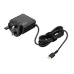 Lenovo 65W USB-C Wall Adapter 4X21L54612 with integrated UK 3-pin power plug and bundled type-C laptop charging cable.