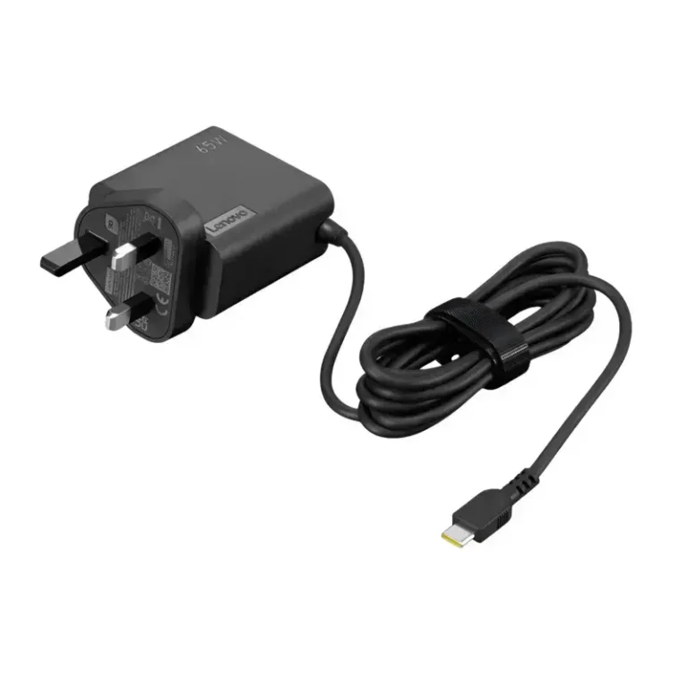 Lenovo 65W USB-C Wall Adapter 4X21L54612 with integrated UK 3-pin power plug and bundled type-C laptop charging cable.
