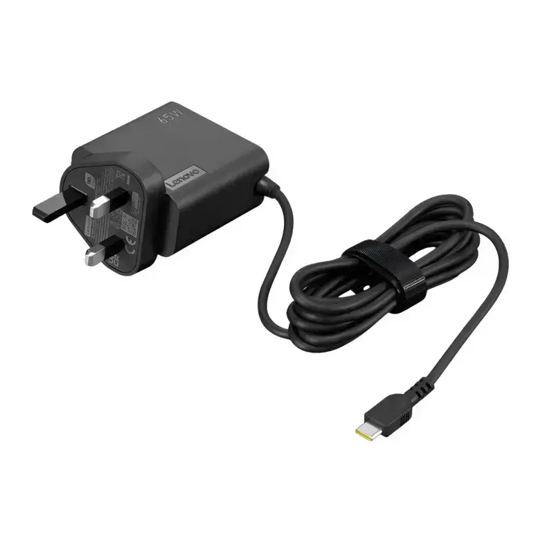 lenovo-65w-usb-c-wall-adaptor-4x21l54612-top-angled Lenovo 65W USB-C Wall Adapter 4X21L54612 with integrated UK 3-pin power plug and bundled type-C laptop charging cable.