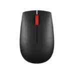 Lenovo Essential Compact Wireless Mouse 4Y50R20864 black textured peripheral with tactile red scroll wheel.