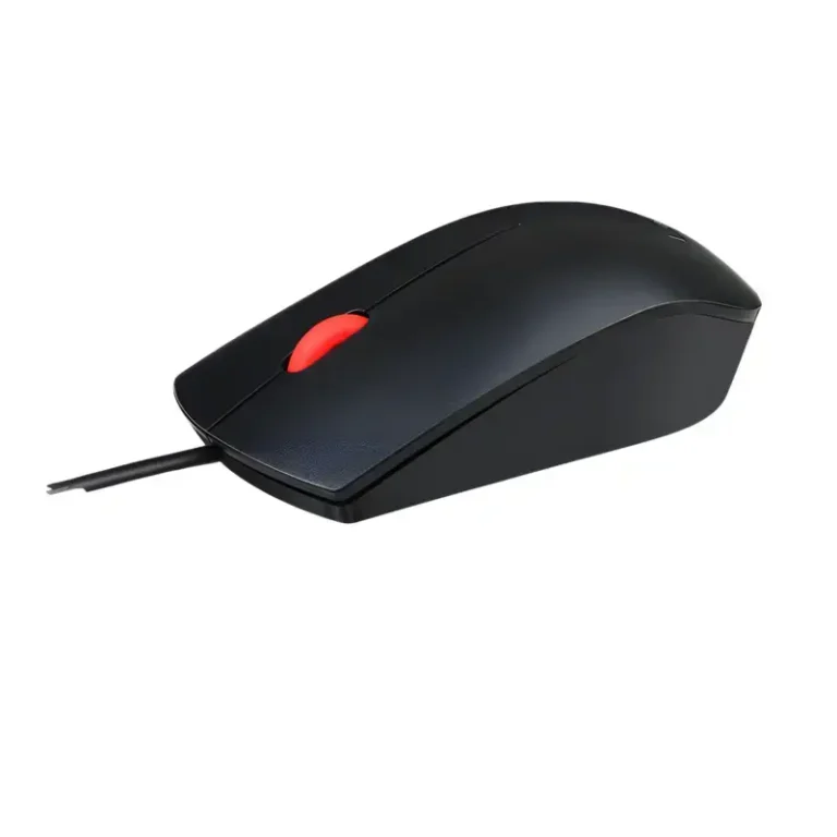 Lenovo Essential USB Mouse 4Y50R20863 black optical wired peripheral with clickable textured red scroll wheel.