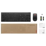 Lenovo Essential Wireless Combo Gen2 kit with full-size keyboard mouse USB receiver AA batteries and manual pack.