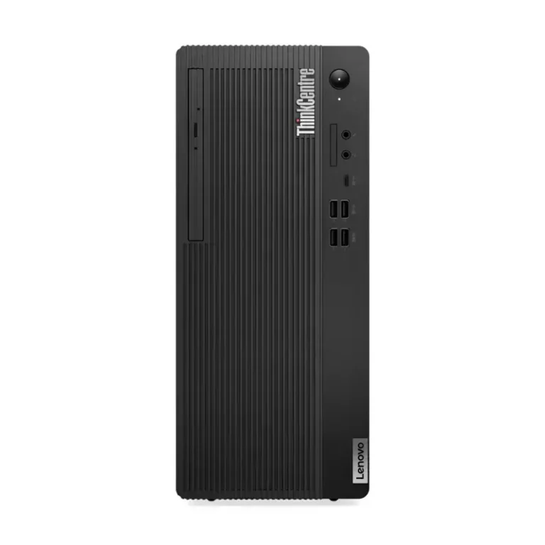 Lenovo ThinkCentre M70t Gen 5 tower desktop with ribbed front panel vertical optical drive bay and dual USB expansion ports.