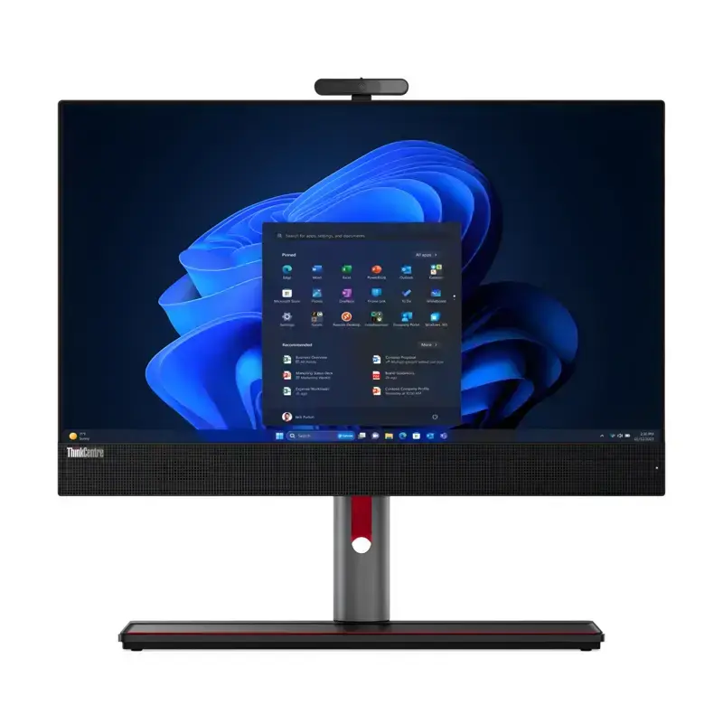 Lenovo ThinkCentre M90a Gen 5 AIO PC with borderless display screen top webcam integrated soundbar and red cable clip.