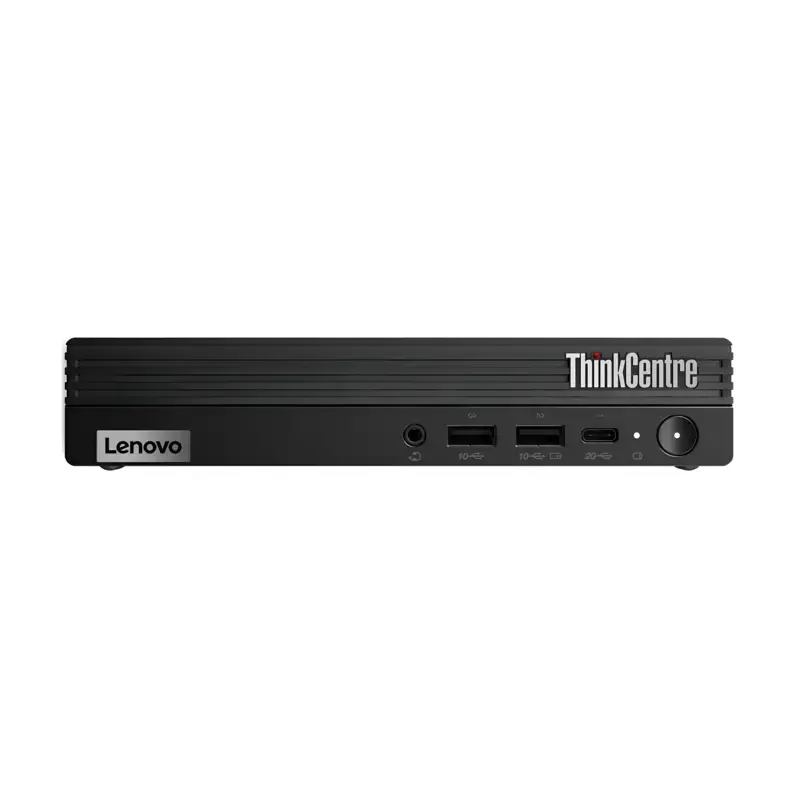 Lenovo ThinkCentre M90q Gen 5 Tiny PC with front audio combo jack dual 10Gbps USB-A ports and 20Gbps Type-C port.