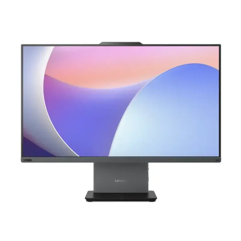 Lenovo ThinkCentre neo 50a 27 Gen 5 AIO PC with borderless display screen top camera notch and thick metallic desk stand.
