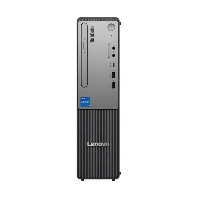 Lenovo ThinkCentre Neo 50s Gen 5 SFF desktop, with front grey panel, Intel Core i7 badge, USB ports, and optical drive slot.
