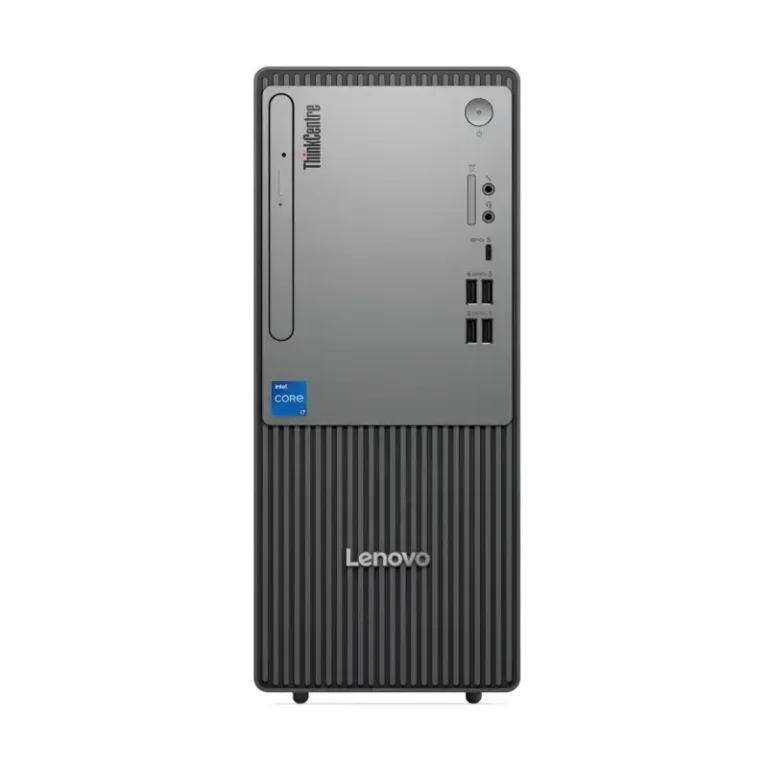 Lenovo ThinkCentre neo 50t Gen 5 tower PC front silver black panel with slim optical drive Intel Core i7 badge and USB I/O.