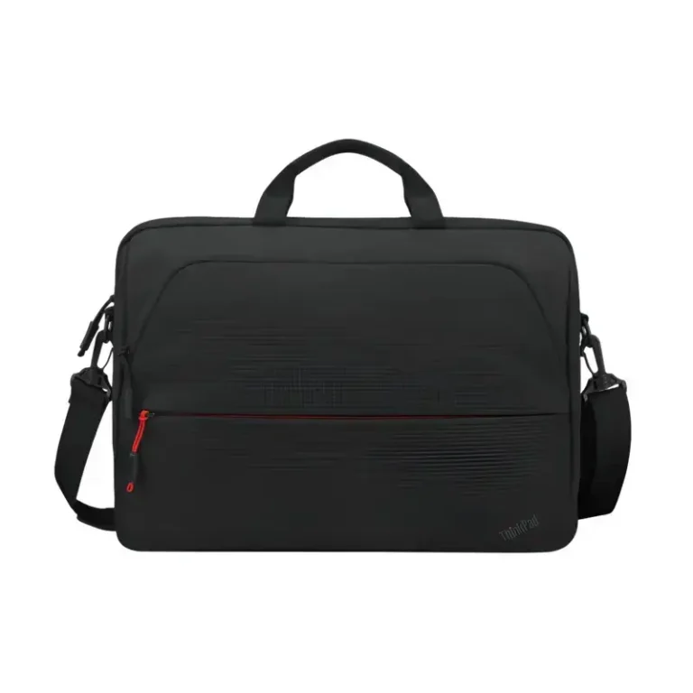 Lenovo ThinkPad Essential 16-inch Topload Eco bag front with red zipper accent line canvas fabric and shoulder strap.
