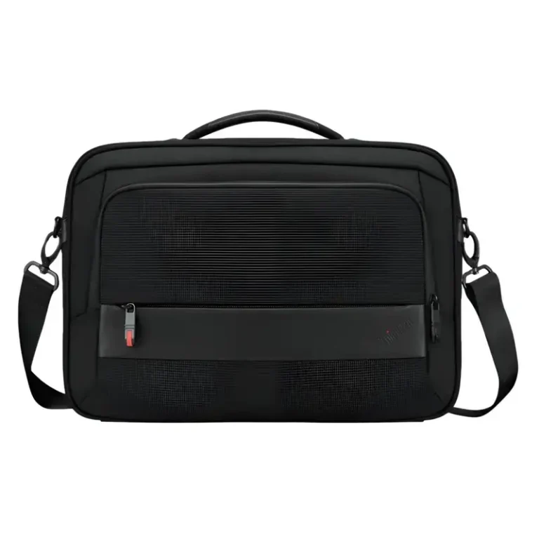 Lenovo ThinkPad Professional 14-inch Topload Gen 2 case front with leather accent strip embossed logo and shoulder strap.