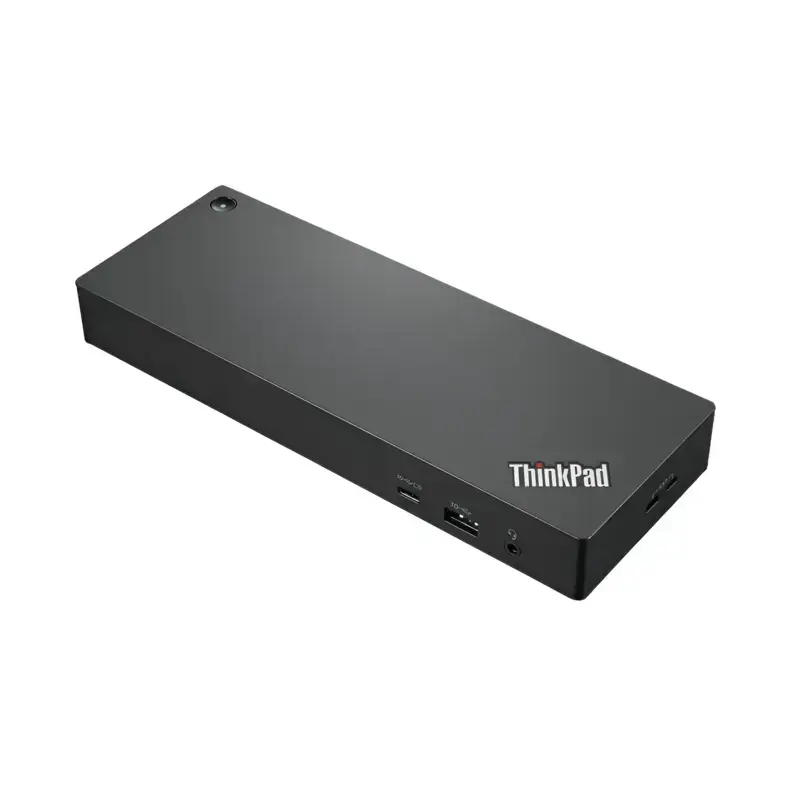 Lenovo ThinkPad Universal Thunderbolt 4 Dock 40B00135UK with front 10Gbps Type-C port Type-A port and combo audio jack. Lenovo ThinkPad Universal Thunderbolt 4 Dock 40B00135UK with front 10Gbps Type-C port Type-A port and combo audio jack.