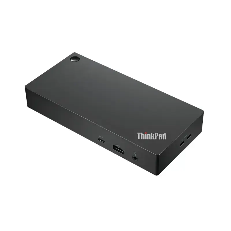 Lenovo ThinkPad Universal USB-C Dock 40AY0090UK with front 10Gbps Type-C port Type-A port combo audio jack and power button.