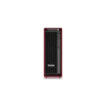 Lenovo ThinkStation P5 tower workstation with red-trimmed hex mesh ventilation grille and front dual USB-A and USB-C I/O ports.