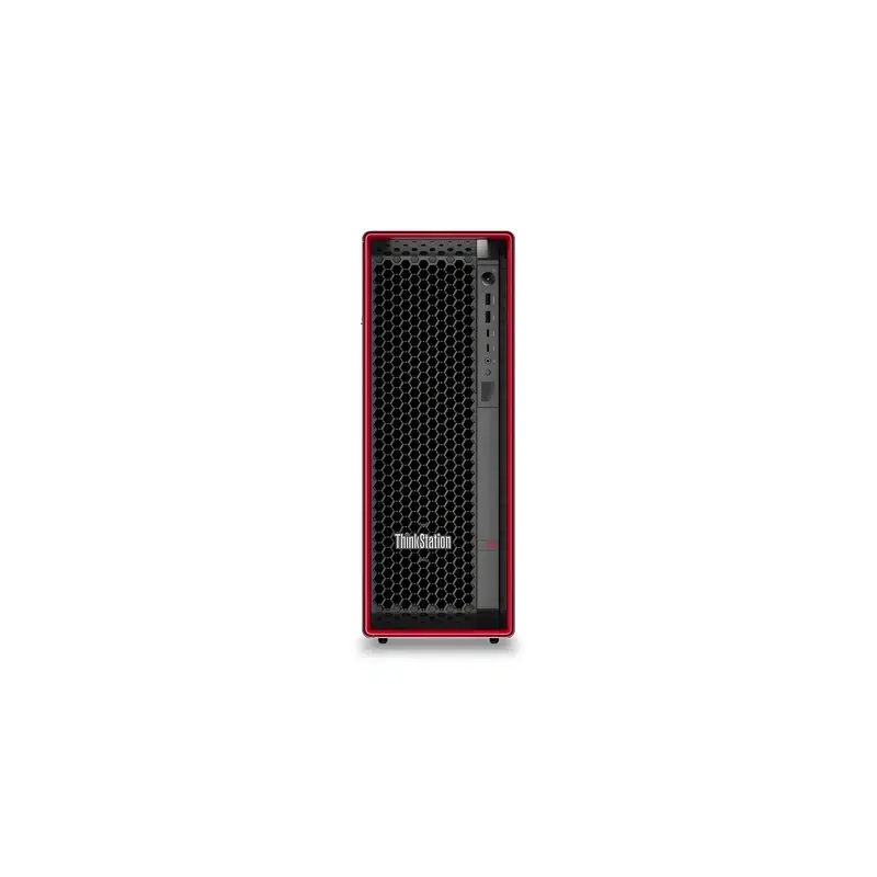 Lenovo ThinkStation P5 tower workstation with red-trimmed hex mesh ventilation grille and front dual USB-A and USB-C I/O ports.