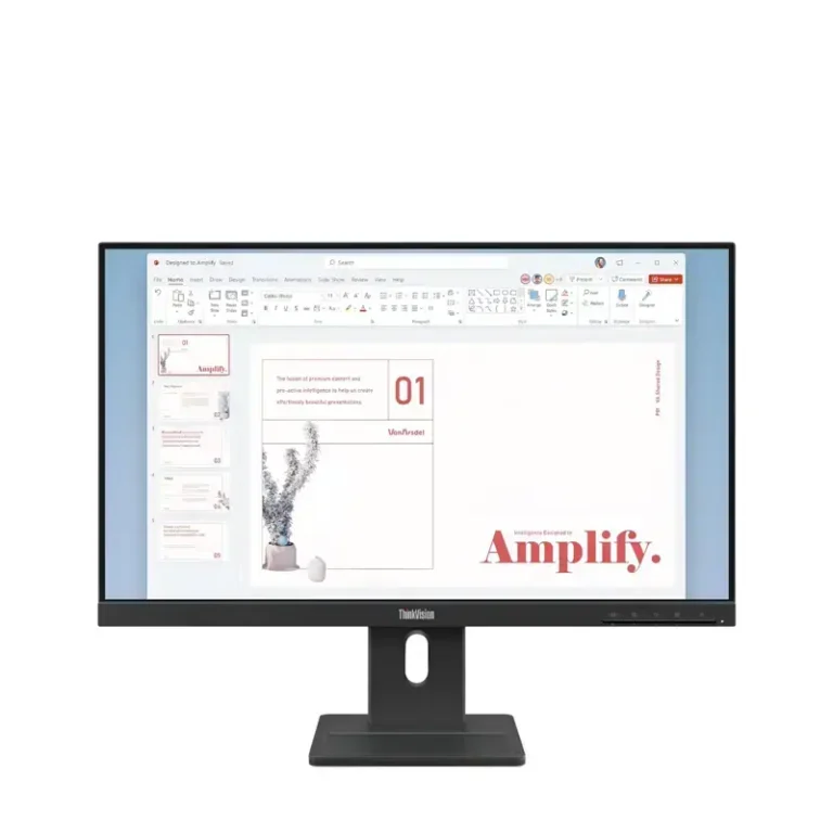 Lenovo ThinkVision E24-40 business monitor front, displaying a Microsoft PowerPoint presentation interface on its IPS display.