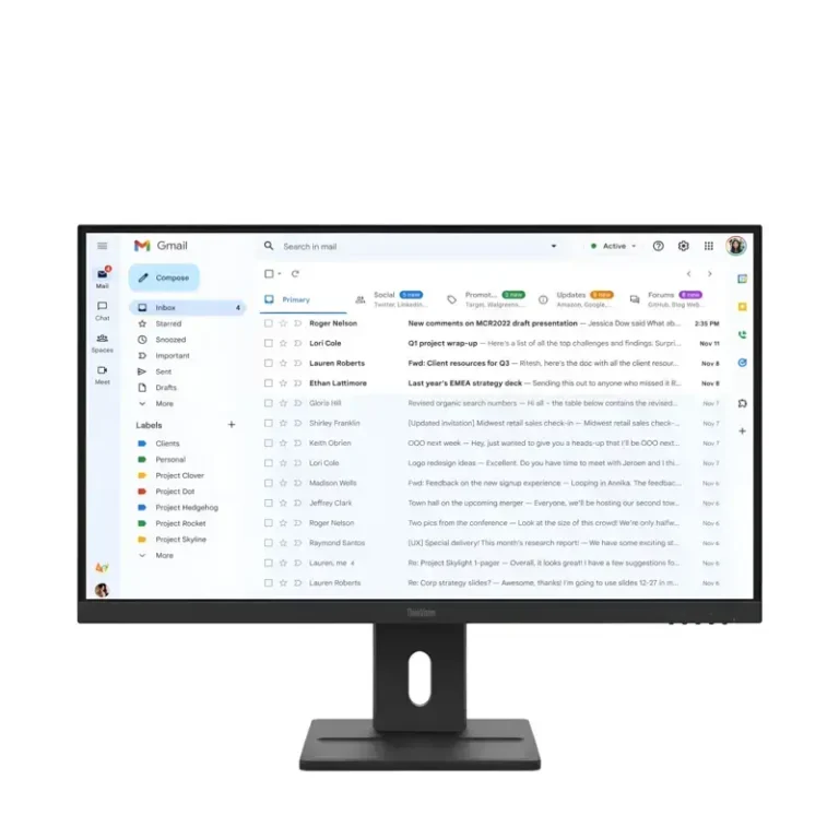 Lenovo ThinkVision E27-40 monitor with open web email application screen, black stand column, and oval cable cutout.