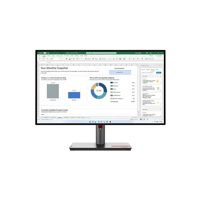 Lenovo ThinkVision P27h-30 27-inch QHD IPS monitor displaying financial spreadsheet dashboard with height-adjustable stand.