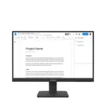 Lenovo ThinkVision S22-4e monitor, with front display showing a text document editor and open side navigation panel.