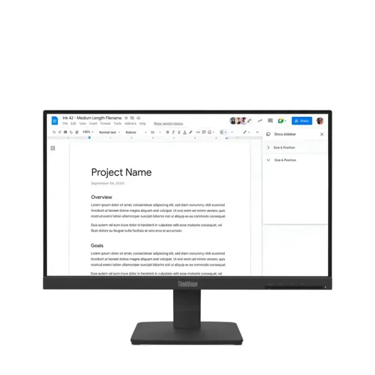 Lenovo ThinkVision S22-4e monitor, with front display showing a text document editor and open side navigation panel.