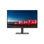 Lenovo ThinkVision T27i-30 monitor with borderless display, red light trail wallpaper, black stand, and red base accent.