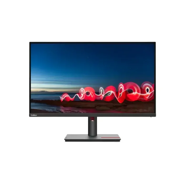 Lenovo ThinkVision T27i-30 monitor with borderless display, red light trail wallpaper, black stand, and red base accent.