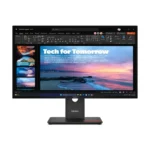 Lenovo ThinkVision T27qd-40 monitor with open presentation app screen, black desktop stand column, and red base line.