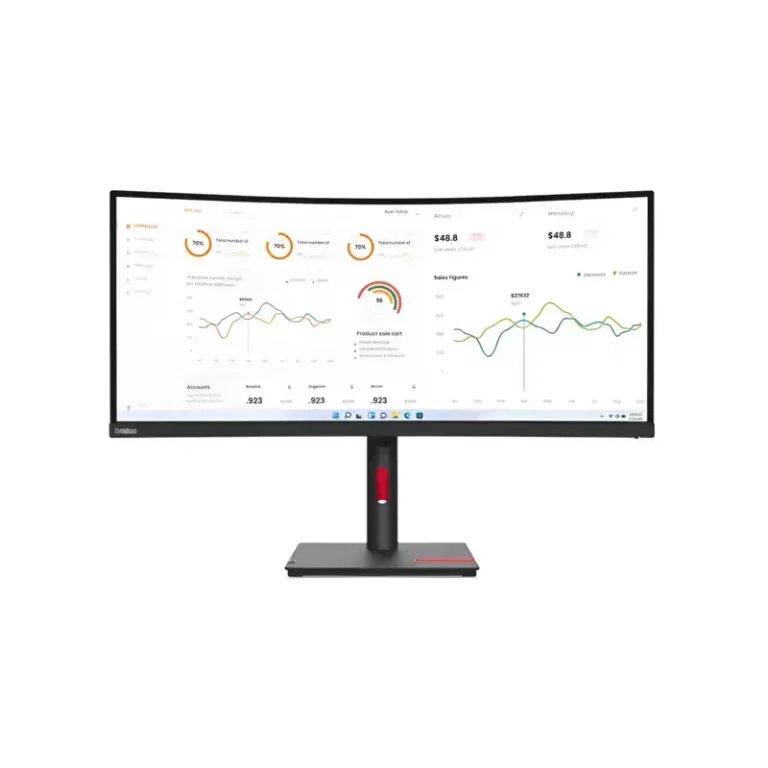 Lenovo ThinkVision T34w-30 34-inch curved WQHD ultrawide monitor displaying marketing analytics dashboard data graphs.