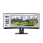 Lenovo ThinkVision T34wd-40 monitor with open presentation app screen, curved ultrawide panel, and red base line.