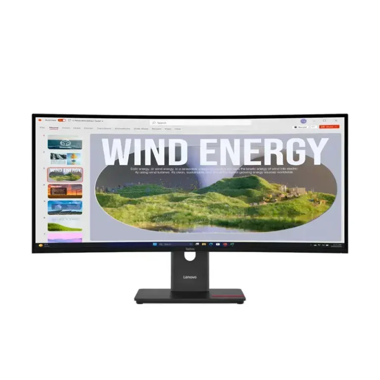 Lenovo ThinkVision T34wd-40 monitor with open presentation app screen, curved ultrawide panel, and red base line.