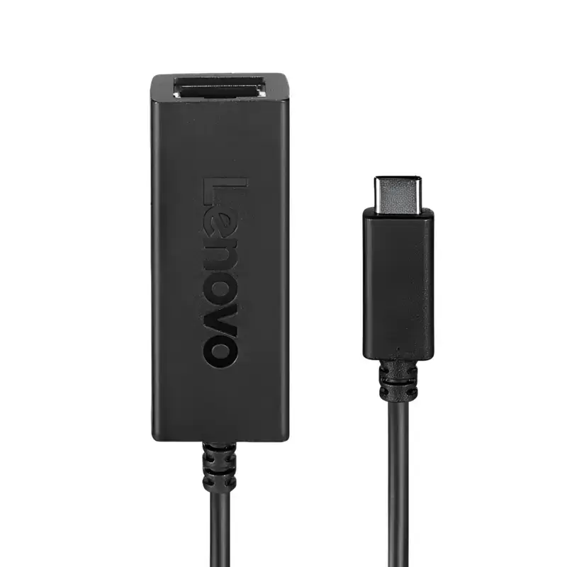 Lenovo 4X90S91831 USB-C to Ethernet adapter dongle with RJ45 network female port and type-C male connection plug. Lenovo 4X90S91831 USB-C to Ethernet adapter dongle with RJ45 network female port and type-C male connection plug.