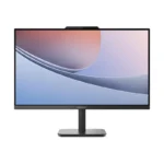 Lenovo V100 24 AIO PC with narrow bezel display abstract graphic background top camera notch and T-shaped desk stand.