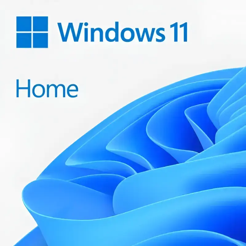 Microsoft Windows 11 Home software packaging, featuring the official OS logo text above the signature blue bloom abstract graphic. Microsoft Windows 11 Home software packaging, featuring the official OS logo text above the signature blue bloom abstract graphic.