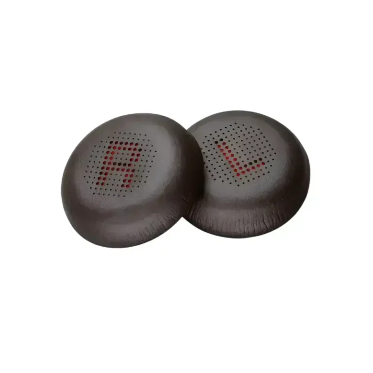Poly Blackwire 8225 headset replacement ear cushions with dark brown leatherette, perforations, and red L R letters.