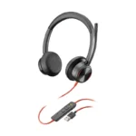 Poly Blackwire 8225 USB-A wired headset with black padded ear cups, boom microphone, and red inline control cable.