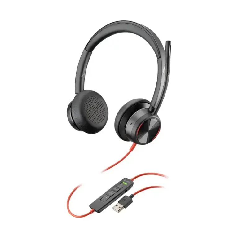 Poly Blackwire 8225 USB-A wired headset with black padded ear cups, boom microphone, and red inline control cable.