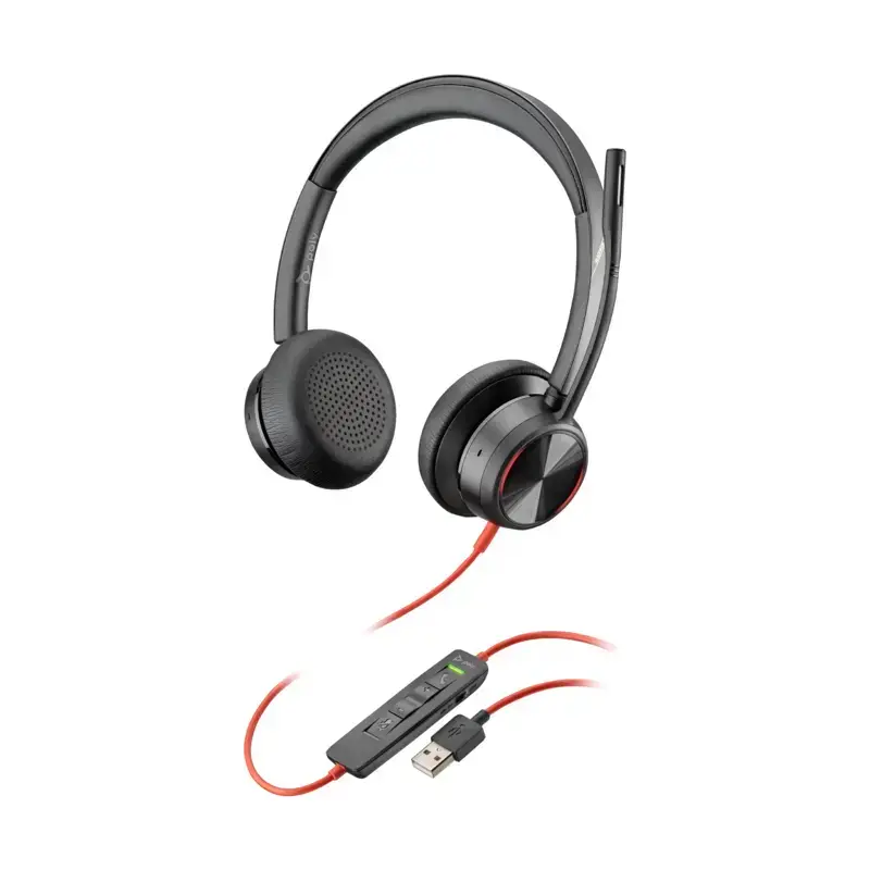 Poly Blackwire 8225 USB-A wired headset with black padded ear cups, boom microphone, and red inline control cable.