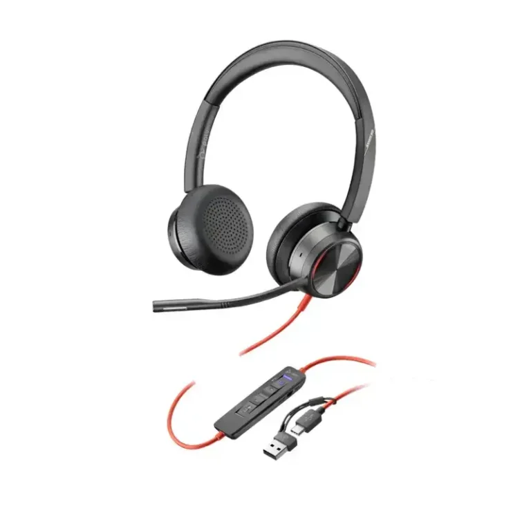 Poly Blackwire 8225 USB-C wired headset with textured black ear pads, horizontal boom mic, and red inline control unit.