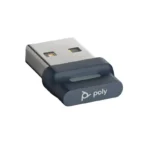Poly BT700 USB-A Bluetooth adapter with silver metallic plug, dark blue plastic housing, white logo, and status light indicator.