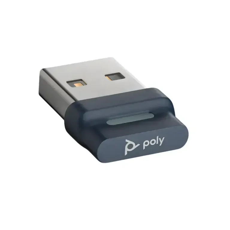 Poly BT700 USB-A Bluetooth adapter with silver metallic plug, dark blue plastic housing, white logo, and status light indicator.