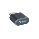 Poly BT700 USB-C Bluetooth adapter with silver connection plug, dark blue casing, white logo, and status light ring.