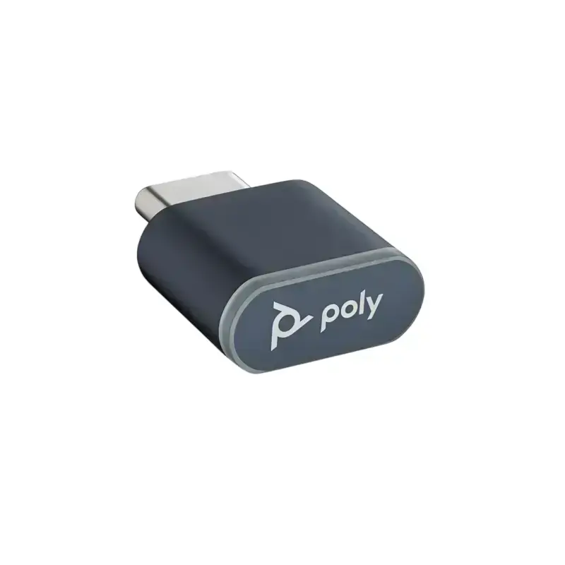 Poly BT700 USB-C Bluetooth adapter with silver connection plug, dark blue casing, white logo, and status light ring. Poly BT700 USB-C Bluetooth adapter with silver connection plug, dark blue casing, white logo, and status light ring.