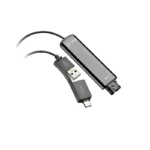 Poly DA75 digital audio processor adapter with smooth black inline casing, QD port, and split USB-A USB-C plug.