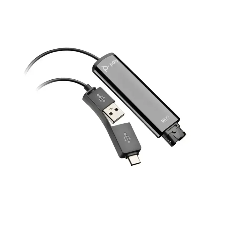 Poly DA75 digital audio processor adapter with smooth black inline casing, QD port, and split USB-A USB-C plug.