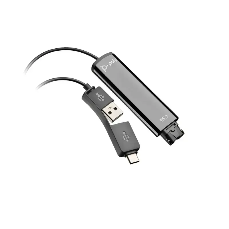 Poly DA75 digital audio processor adapter with smooth black inline casing, QD port, and split USB-A USB-C plug. Poly DA75 digital audio processor adapter with smooth black inline casing, QD port, and split USB-A USB-C plug.