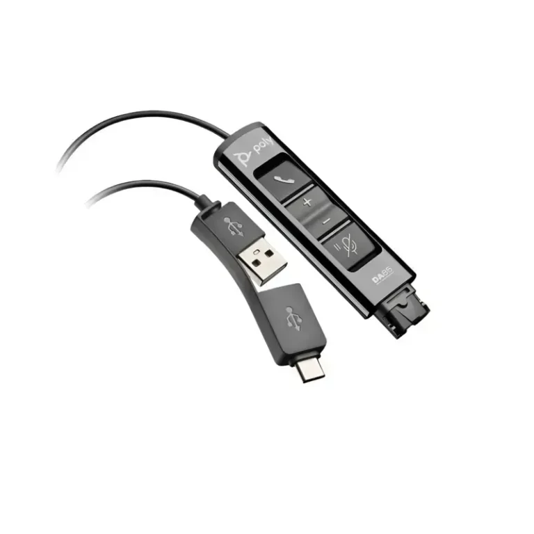 Poly DA85 digital audio processor adapter with inline control buttons, QD connector, and split USB-A USB-C plug.